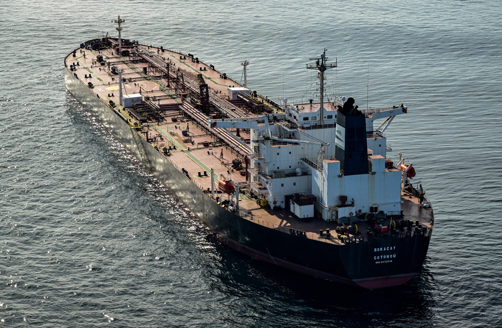 This aerial picture from October 1, 2025, shows the tanker Boracay from Russia's so-called shadow fleet off the coast of the western France port of Saint-Nazaire.