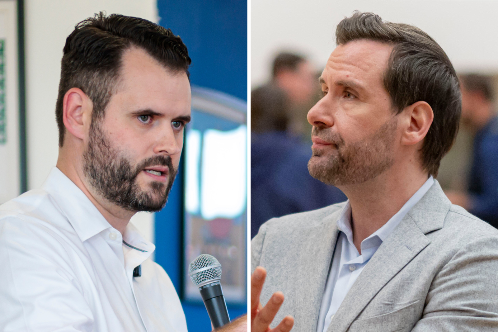 Iowa state Senator Zach Wahls (left) speaks at a campaign event in Cedar Rapids, Iowa, on September 11, 2025. Iowa state Representative Josh Turek speaks to community members in Des Moines, Iowa, on April 8.