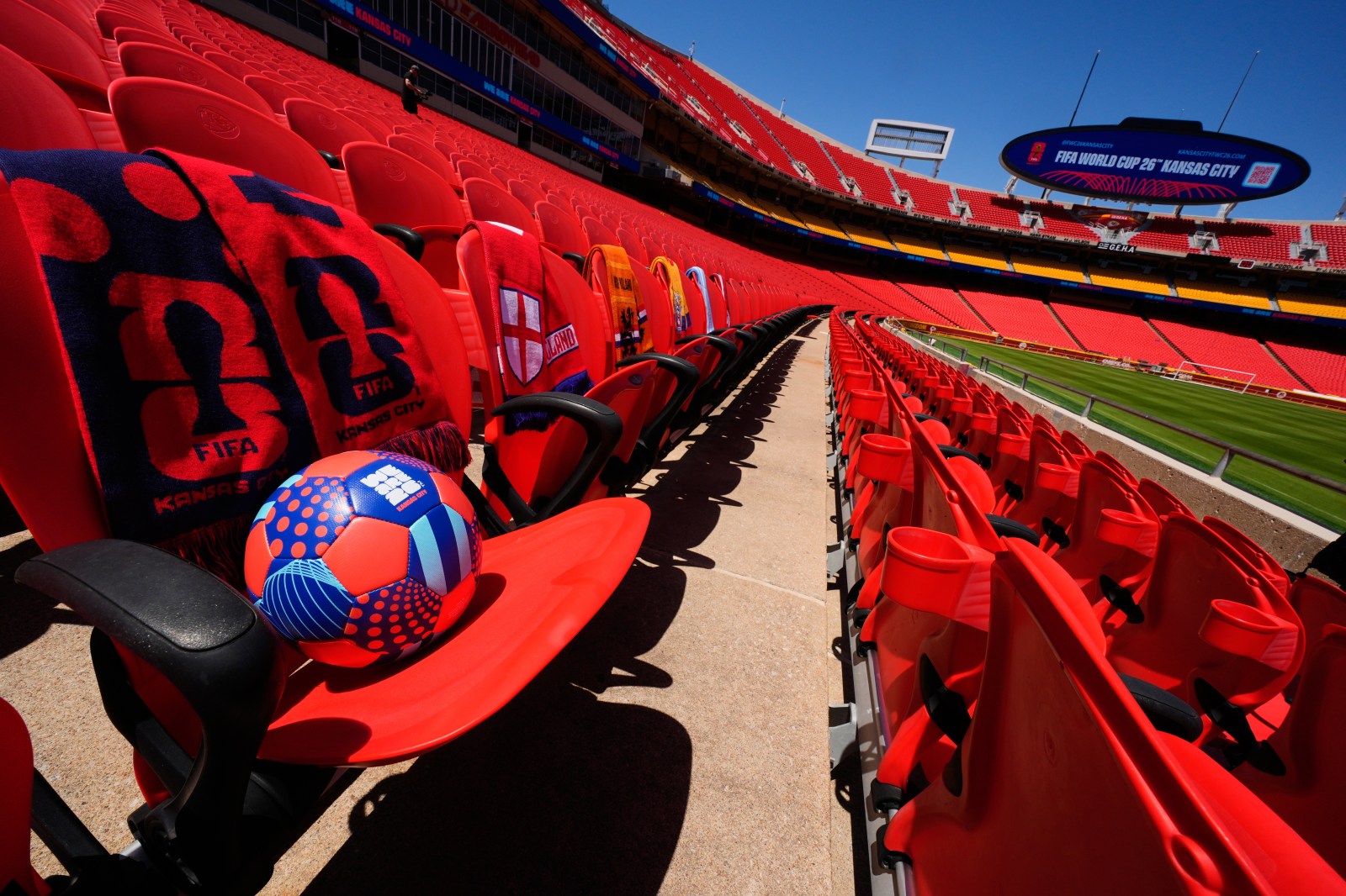 Team scarves are draped on seat backs at Arrowhead Stadium as it is rebranded as Kansas City Stadium, on May 11, ahead of the 2026 FIFA World Cup soccer matches in Kansas City, Missouri.
